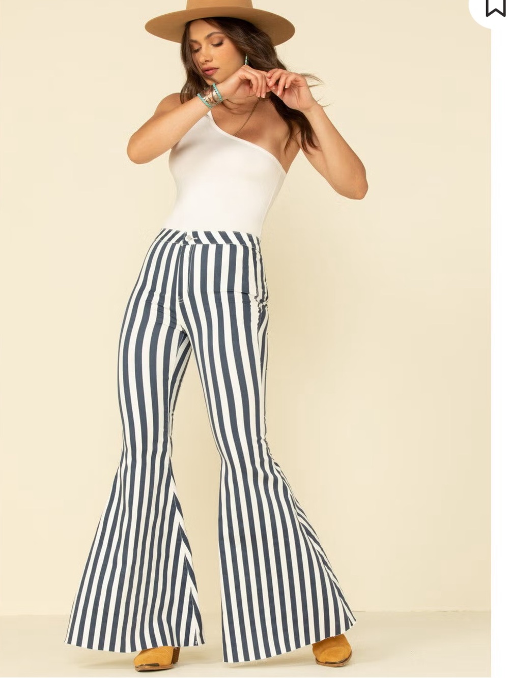 We The Free Navy and White Vertical Stripe Flare Jeans